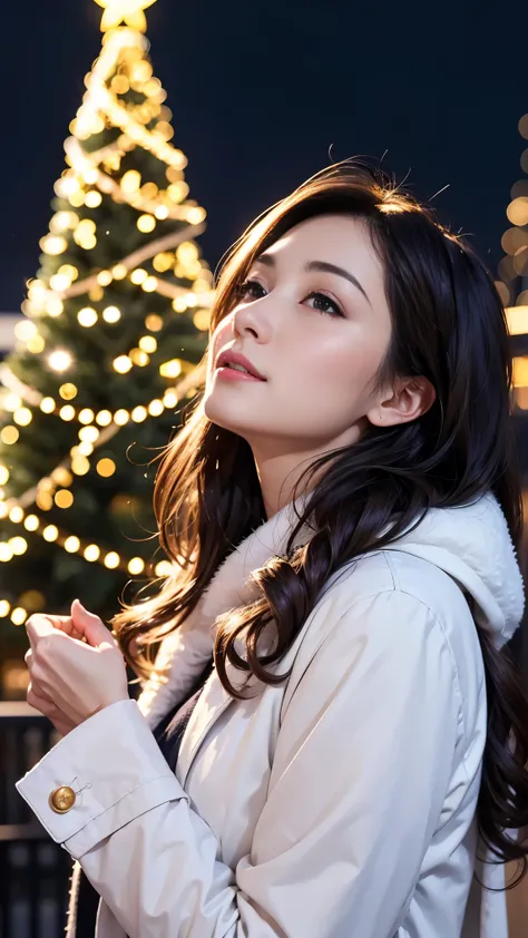 (Top class、8k、32K、masterpiece,) beautiful woman、Night City 、Christmas tree、Looking up at the sky、contour,white coat、、It's snowing、delicate eyes、 blurry background