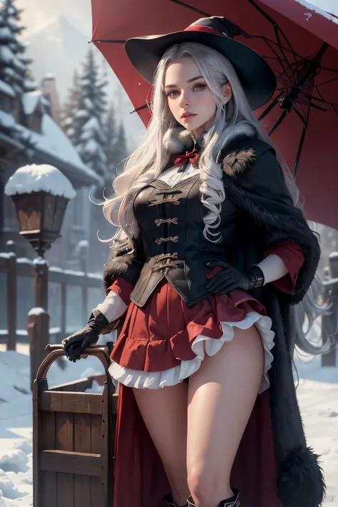  A 20-year-old witch with long gray hair,   wearing a red and white hat  ,   black boots ,   a red skirt and white socks  , standing on a winter background  , Hold a cart ,    detailed face gloves,   beautiful, detailed eyes  ,   Beautiful and detailed lip...