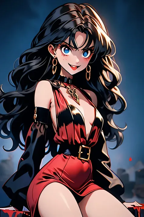 Carmilla from the Castlevania anime, looking scary with an angry evil smile, blue eyes, with blood, showing her fangs, in a red dress, thick thighs, long white hair, gothic, medieval, latina, soft lighting, very detailed, vibrant colors