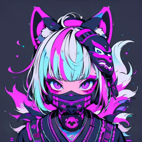 Traditional kitsune mask for white-haired girls, neon colors, logo, Face mask, blue neon 