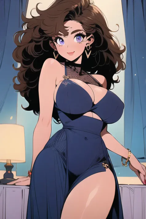 a beautiful woman, standing in a bedroom, at night, with her head looking down and to the side, in a purple dress, thick thighs, brown curly hair, blue eyes, brown skin, jewelry, some tattoos, latina, soft lighting, very detailed, vibrant colors