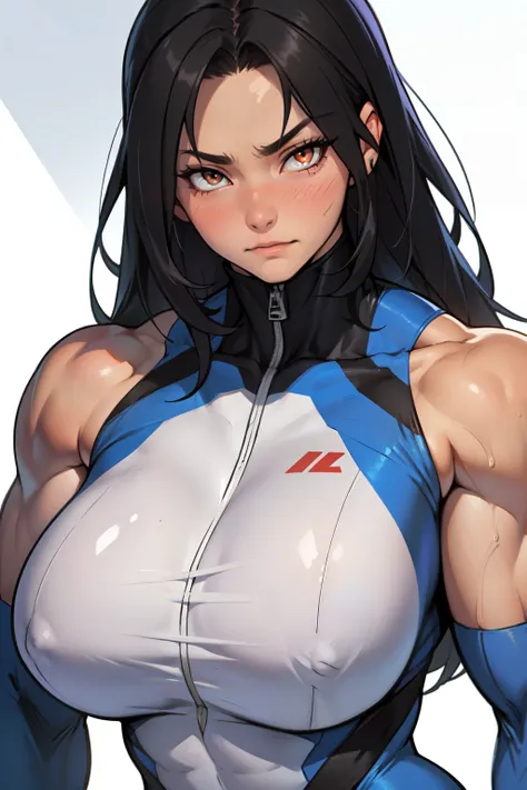 ((((girl muscular thick)))) pale skin black hair ultra detailed eyes huge large breasts toned body embarrassed blush very long hair skintight suit golden eyes golden eyes golden eyes close up