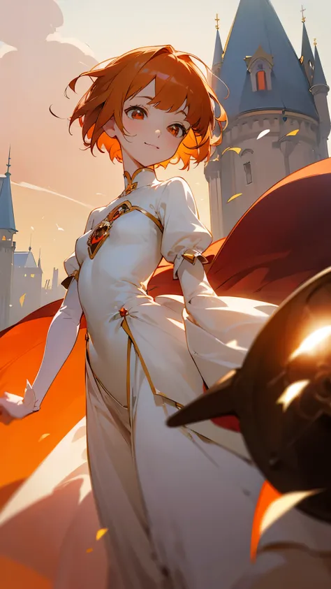  One Woman 、animeイラストセミリアリズム、 small breasts、 orange hair 、 dull bangs、 Shorthair、Round red eyes、anime、Sophisticated design、 soft smile 、 Friendly Smiles 、 dynamic light 、 Princess Outfits 、Royalty、fantasy setting 、Castle in the background