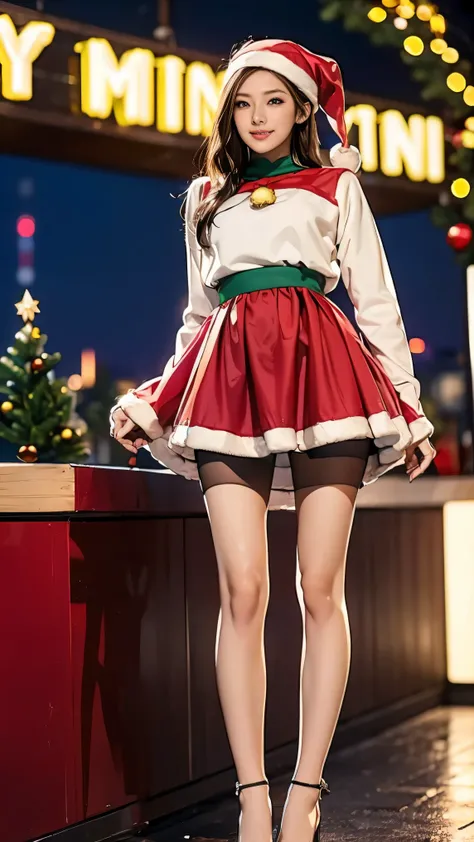 (((   top quality ))),   thin thighs ， long legs ，(  One Girl :1.3),( Im wearing a long flared skirt dress with black pantyhose and high heels ：1.3),( Santa Claus mini flared skirt dress:1.5), Blonde and curly hair :1.2，Flashy makeup with red eyeshadow:1.5...