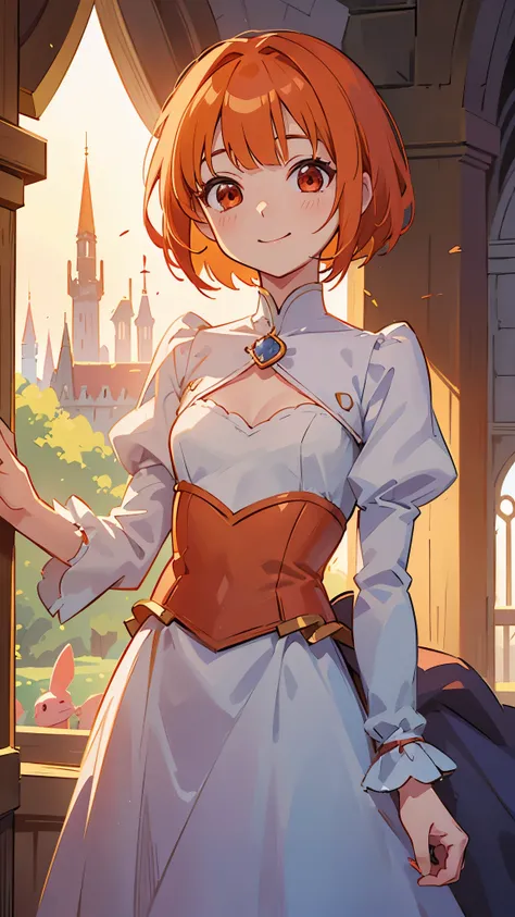  One Woman 、animeイラストセミリアリズム、 small breasts、 orange hair 、 dull bangs、 Shorthair、Round red eyes、anime、Sophisticated design、 soft smile 、 Friendly Smiles 、 dynamic light 、 Princess Outfits 、Royalty、fantasy setting 、Castle in the background