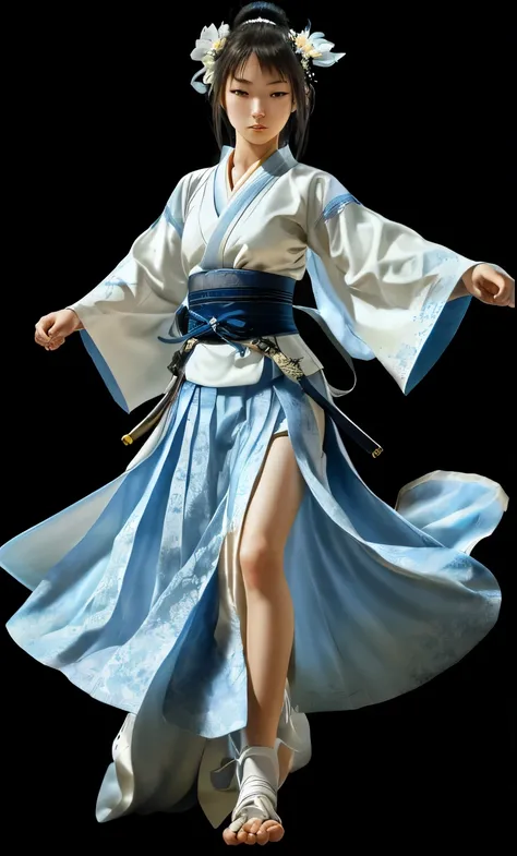 concept character, photorealistic teenager girl, delicate and beautiful, japanese, iaido warrior, dancer, graceful, cheerfull, white and ligh blue clothes