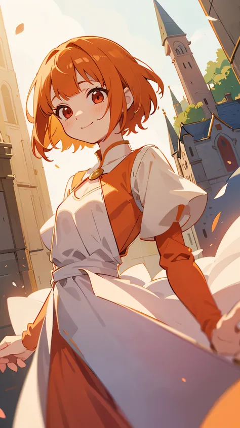  One Woman 、animeイラストセミリアリズム、 small breasts、 orange hair 、 dull bangs、 Shorthair、Round red eyes、anime、Sophisticated design、 soft smile 、 Friendly Smiles 、 dynamic light 、 Princess Outfits 、Royalty、fantasy setting 、Castle in the background