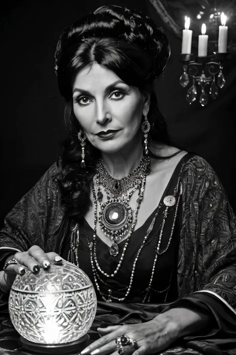 black and white noir-style portrait of a dark-haired female fortune-teller in her 40s, wearing gypsy-style clothes, with a crystal ball in a table