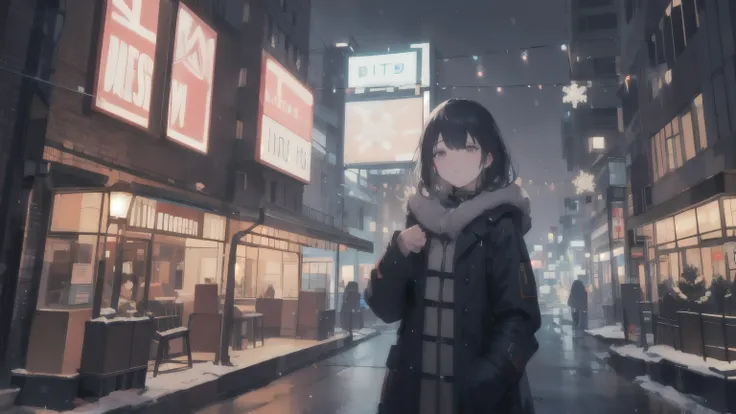 a beautiful young woman gazing up at the night sky on christmas eve, wearing a warm winter coat in a snowy cyberpunk city, intricate christmas tree, bittersweet expression, neon lights, cinematic lighting, dramatic atmosphere, 8k, highly detailed, photorea...