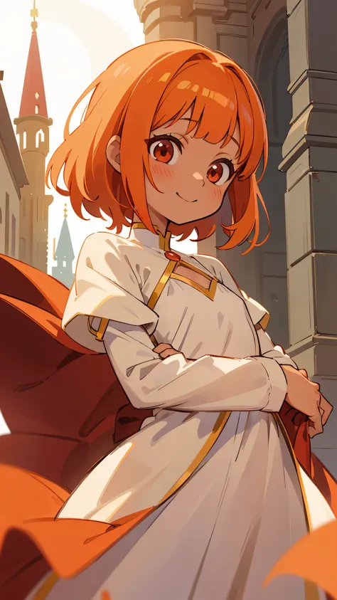  One Woman 、animeイラストセミリアリズム、dark-colored skin、 small breasts、 orange hair 、 dull bangs、 Shorthair、Round red eyes、anime、Sophisticated design、 soft smile 、 Friendly Smiles 、 dynamic light 、 Princess Outfits 、Royalty、fantasy setting 、Castle in the background