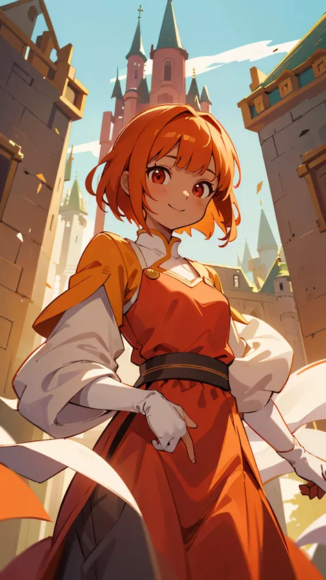  One Woman 、animeイラストセミリアリズム、dark-colored skin、 small breasts、 orange hair 、 dull bangs、 Shorthair、Round red eyes、anime、Sophisticated design、 soft smile 、 Friendly Smiles 、 dynamic light 、 Princess Outfits 、Royalty、fantasy setting 、Castle in the background