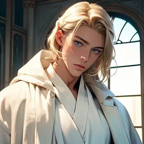 Blonde haired blue eyed 21 year old man with a clean shaven face in a plain white robe, cult member, listless eyes, male hourglass figure, soft features, High Resolution, Masterpiece, Anatomically Correct, Accurate, Award Winning, Best Quality, Detail, 