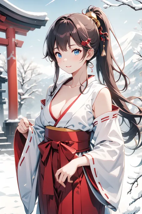 ((Top Quality)), ((Excellent)), (Details), ((Japanese)), ((Young Girl)), Outdoors, ((Shrine Maiden)), ((Cowboy Shot)), Shrine Maiden Costume, ((Red Hakama)), Long Sleeves, Highlights Cleavage, (Dawn), Stunning Setting, Sunny Weather, Snow Scene, Black Hair...