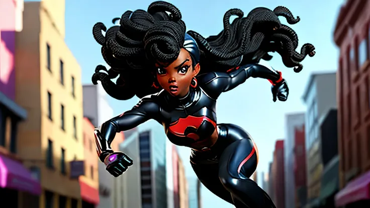 a sexy black female superhero running down the street
