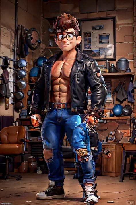 Ordinary nerdy man in mid-transformation into a muscle bound pompadour wearing biker
