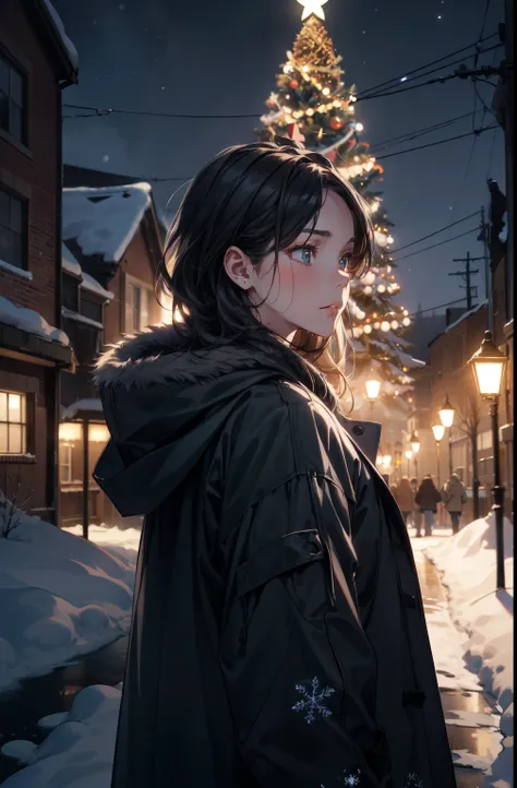  looking up at the night sky on Christmas Eve、Beautiful young woman wearing a warm winter coat in a snowy city 、Intricate Christmas tree 、bittersweet expression on face、 from behind 、 Cinematic Lighting 、 dramatic atmosphere 、8k、 very detailed、 Photorealis...