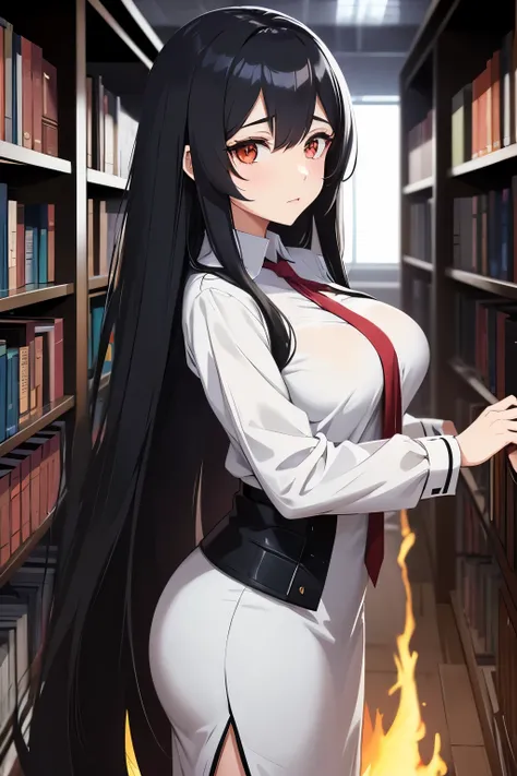 Anime girl with long black hair and white shirt standing in the library,  Arknights,  I began to feel  ,  portrait of a female anime hero, Albedo from the anime overlord,   gapmoe yandere grimdark , The truth of the matter, Black-haired wizard, Albedo,  Fe...