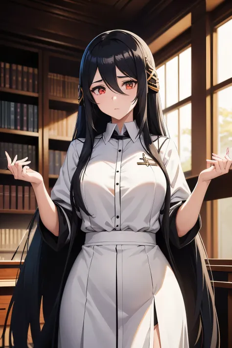 Anime girl with long black hair and white shirt standing in the library,  Arknights,  I began to feel  ,  portrait of a female anime hero, Albedo from the anime overlord,   gapmoe yandere grimdark , The truth of the matter, Black-haired wizard, Albedo,  Fe...