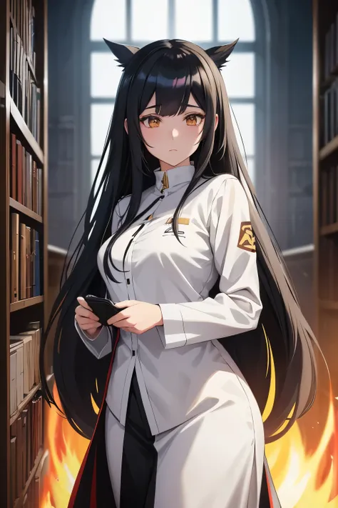 Anime girl with long black hair and white shirt standing in the library,  Arknights,  I began to feel  ,  portrait of a female anime hero, Albedo from the anime overlord,   gapmoe yandere grimdark , The truth of the matter, Black-haired wizard, Albedo,  Fe...