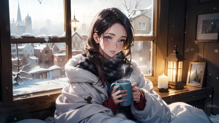 A young person sitting at a frost-covered window, watching the gentle snowfall outside, their shoulders wrapped in a warm blanket, a steaming mug of hot chocolate and a small lantern on the windowsill, the distant city lights twinkling in the background, a...