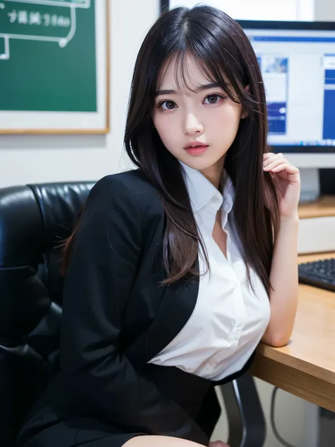 (Best-quality, Masterpiece, Ultra-High-Resolution, (Photorealistic:1.4), Raw Photo, depth of field, professional lighting, perfect anatomy, extremely details), 1girl, 15-years-old, most famous Japanese-idol, in office room, sitting in office chair, (extrem...