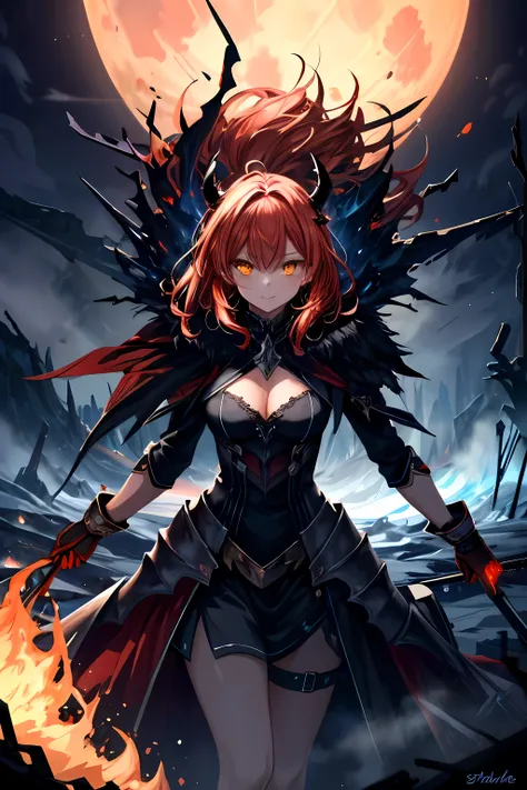 masterpiece, best quality, ultra high resolution, super fine illustration, elegant face, beautiful eyes, 1 woman, long wave fire red hair, (bright yellow eyes:1.2), body-fitting dress-style knight outfit, red and black colors, gold embellishments, intricat...