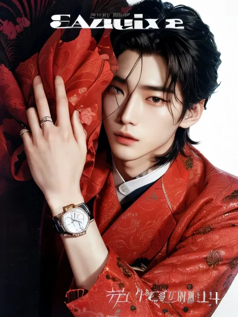  a close up of a person wearing a watch on the cover of a magazine, Jung Jaehyun, Cai Xukun, By Tadashi Nakayama, Cartier style,  delicate androgynous prince , by Eizan Kikukawa, Won Bin Lee,  beautiful androgynous prince, for, Margielas campaign , by Yana...