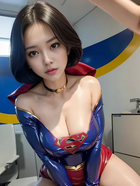 masterpiece、 latex supergirl costume 、 off-shoulder、Ultra short hair、 Big and Rich Breasts 、 shiny sweaty skin 、Look directly into the camera、 choker 、Provocative cleavage、 Long Sleeve 、Cape、Glamorous bare legs、 in front of laboratory equipment in hospital...