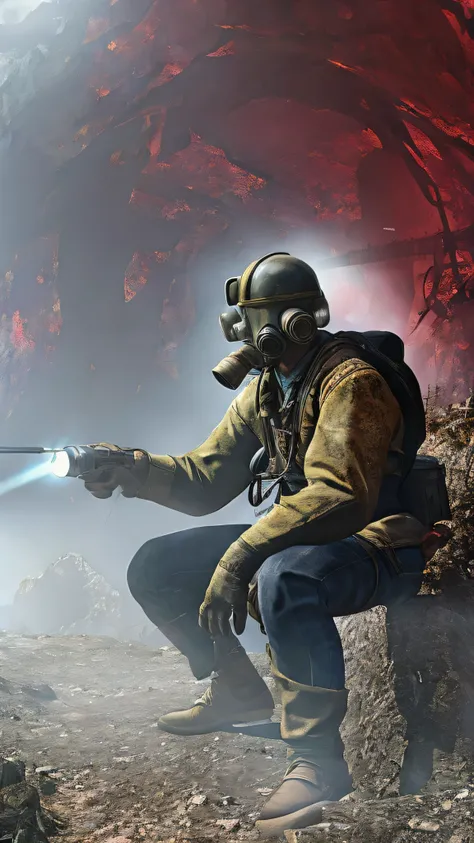  Fallout New Vegas , Man sitting on something, Pip-Boy, tunnel, safe, ( facemask:0.1), ( Breathing tube  :0.5),  headphones,  WWII German helmet with flashlight , burning fire,  full body , Contaminated wasteland,  foggy ,  volumetric lighting ,  from behi...