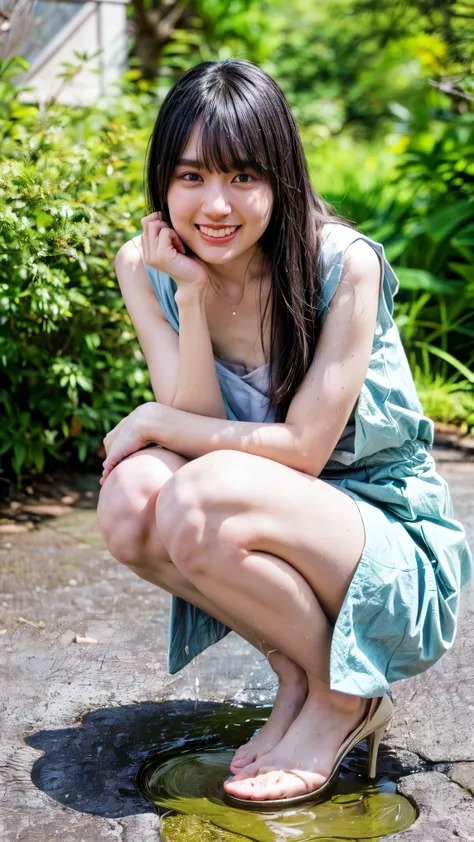 (realistic, photo-realistic:1.37), (masterpiece, best quality:1.2), RAW photo, high resolution, intricate details, full body, solo, a 22 years old Japanese woman, cheerful grin, straight long black hair with blunt bangs, (blouse,skirt), (flat chest:1.5), (...
