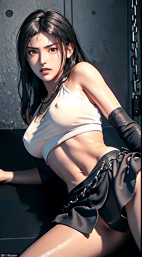 ((Tifa, Tifa･lockhart, Final Fantasy 7, FF7, l )), 8k, Top Quality, Ultra Detail, High Resolution, masterpiece, (from side), (full body: 1.1), (from below:1.3), (lower body:1.2), (looking down:1.0), ( a woman is chained in a cell with blood on her body:1.5...