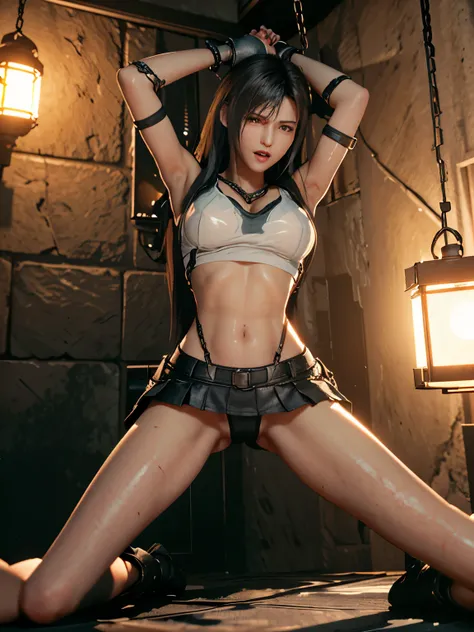 ((Tifa, Tifa･lockhart, Final Fantasy 7, FF7, l )), 8k, Top Quality, Ultra Detail, High Resolution, masterpiece, (from side), (full body: 1.1), (from below:1.3), (lower body:1.2), (looking down:1.0), ( a woman is chained in a cell with blood on her body:1.5...