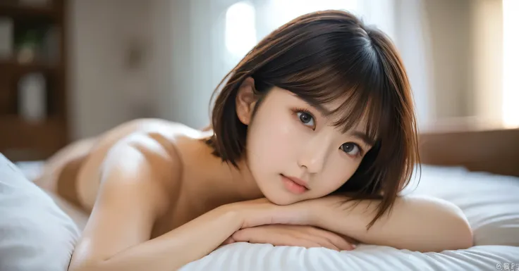 (( table top in bed,highest quality,8k)), (photo-realiStic:1.4),((close up of face3))、( white room in the center )、((  full body photo ))、 Shot in natural light、Highly detailed face and Skin texture、highly detailed lips、correct State of the human body、ultr...