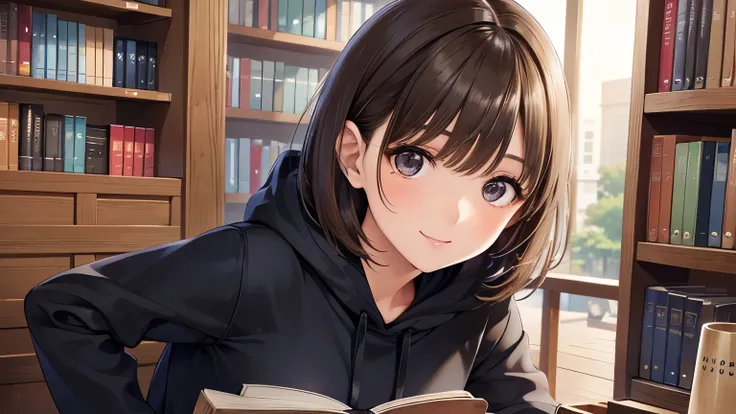  place your hands on your hips no 、 shiny brown hair ,  Shorthair, ( beautiful brown eyes、Sparkling Eyes, fine grain)、smile、 super detailed eyes、 very detailed face,  very detailed eyes,



( top quality :1.2),  One Girl ,  black hoodie 、 denim pants、((The...