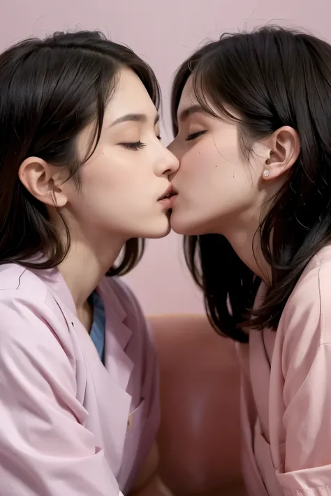 2girls:1.9, two lesbian girls kissing, yuri, yuri kiss, intertwined tongues, exchanging drool, shoulders and neck, sweaty, hot embrace, stringy drool, nurse, pink nurse uniform, empty hospital room, hidden, girls ging each other, face to face, wide s hot, ...