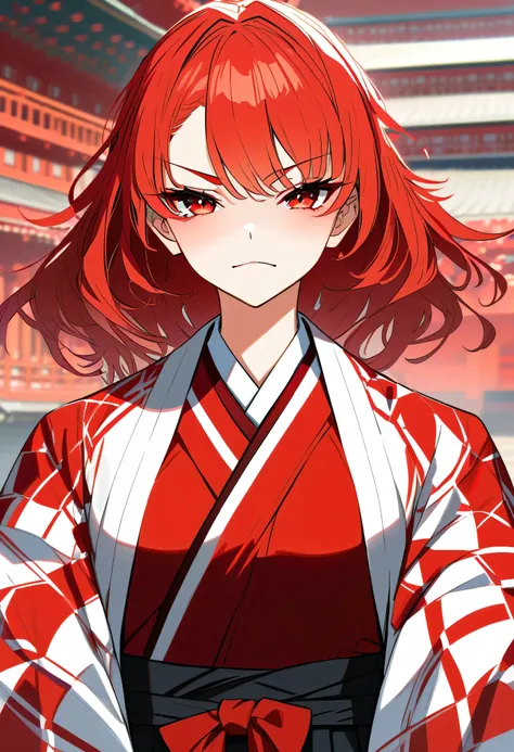 Female, red hair, red eyes, resting bitch face, red white and black haori and kimono, hakama, solo, good looking + temple background