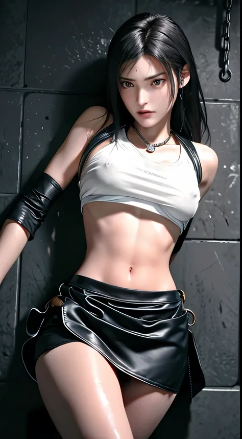 ((Tifa, Tifa･lockhart, Final Fantasy 7, FF7, l )), 8k, Top Quality, Ultra Detail, High Resolution, masterpiece, (from side), (full body: 1.1), (from below:1.3), (lower body:1.2), (looking down:1.0), ( a woman is chained in a cell with blood on her body:1.5...