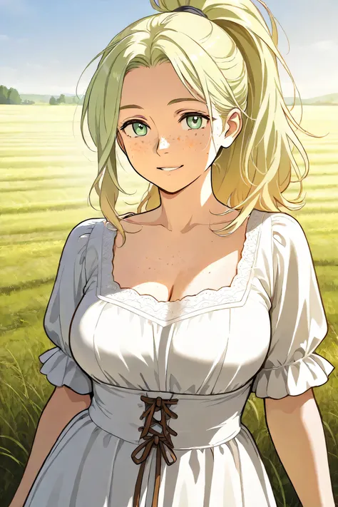 peasant woman ( hair with long blonde ponytail ), her light green eyes ,  freckles on his face , breasts and large neckline, Pose the same as the one in the reference image,  background of hills with a farm,  Historical precision ,  well detailed .