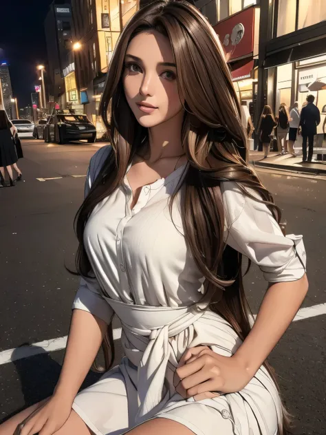 ( top quality ,4K,8k, high res,masterpiece:1.2), super detailed ,( realistic ,photo realistic ,photo- realistic :1.37), girl,, blanking in the heart of the city,A faint smile, sitting, outdoors on the street at night, attention to beautiful details, beauti...