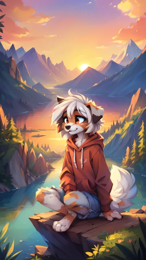 (((Sunset, pretty sunset, sitting on a mountain ledge overlooking a lake in a valley, mountains, lake, sitting on a ledge, pretty colors, colorful))), High quality, 8K, by kenket, by swaybat, by reysi, by Zackary911, by hyattlen, by teranen, by fumiko, by ...