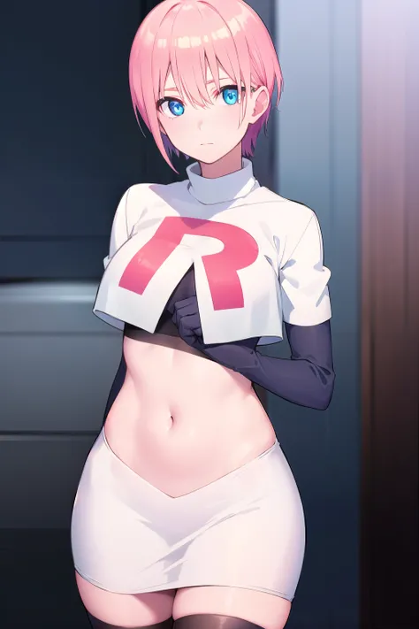 ichikanakano, ichika nakano, short hair, bangs, blue eyes, hair between eyes, pink hair,
BREAK team rocket,team rocket uniform,white skirt,red letter R,crop top,black thigh-highs,black elbow gloves,
BREAK looking at viewer, (cowboy shot:1.5),
BREAK (master...