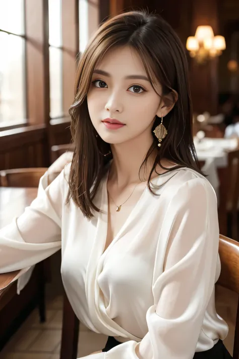 masterpiece、  top quality  、  real、  very detailed、  Fine Details 、  high res、8K wallpaper、  one beautiful woman  、Wear an elegant white silk blouse、  at a great restaurant、  at night 、  light brown tousled hair  、  Perfect Dynamic Composition  、 Beautiful...