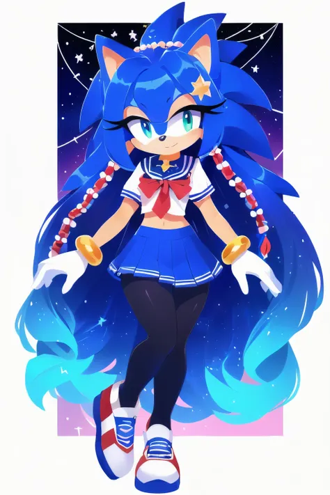 Sonic oc, Mobian, female, sonic the hedgehog but female, Cosmic hedgehog, A beautiful light blue hedgehog, purplish blue eyes, very long hair/quills, braided and beaded long hair bangs, long streaks of hair on each side of her face, (star constellation on ...