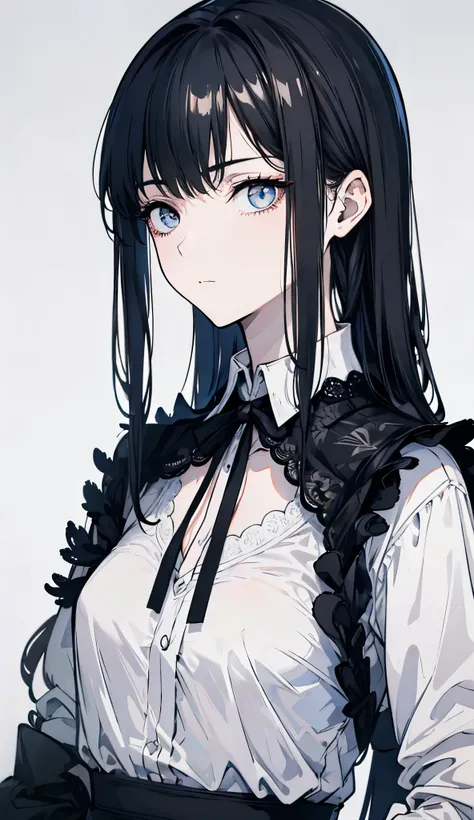 black lineart, black white, ((masterpiece, best quality)), (1girl), (solo), (female focus), yoru (chainsawman),(very detailed face, real image, realistic white skin, realistic body, intricate details), upper body, focus on face, black hair tied, long hair,...