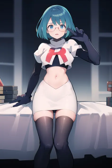 rico_megamanxdive, 1girl, solo, blue eyes, short hair, blue hair, android, glasses, team rocket,team rocket uniform,white skirt,red letter R,crop top,black thigh-highs,black elbow gloves, masterpiece, high quality, 