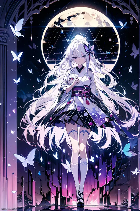 Silver Hair，crystal hair, Butterfly，Long white hair，8k wallpaper，Detailed background，Maximum resolution，Hair covers one eye，Drawstring，chies，purple Rose，Tight Fit，High socks，stocking，moon，Impressionist Moon Eclipse,  Japanese Illustration Style,  Poster/Ma...