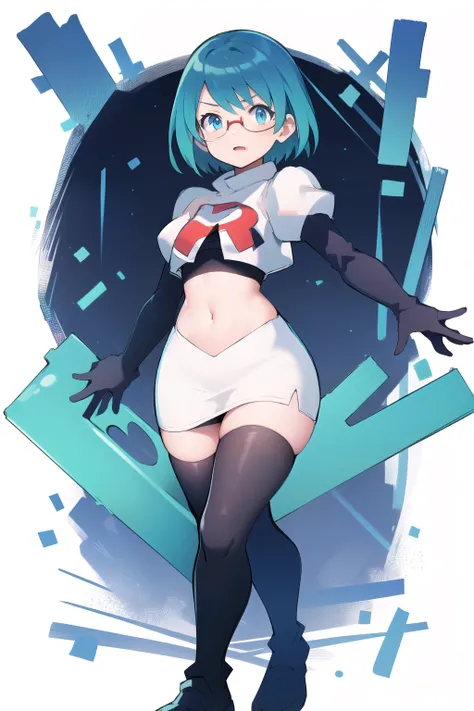 rico_megamanxdive, 1girl, solo, blue eyes, short hair, blue hair, android, glasses, team rocket,team rocket uniform,white skirt,red letter R,crop top,black thigh-highs,black elbow gloves, masterpiece, high quality,