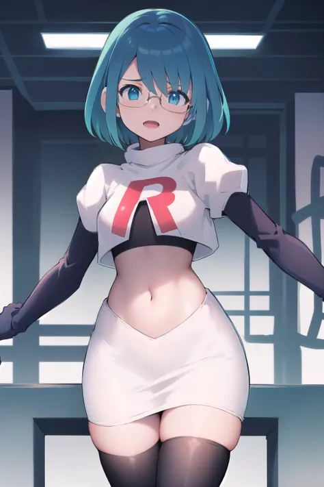 rico_megamanxdive, 1girl, solo, blue eyes, short hair, blue hair, android, glasses, team rocket,team rocket uniform,white skirt,red letter R,crop top,black thigh-highs,black elbow gloves, masterpiece, high quality,