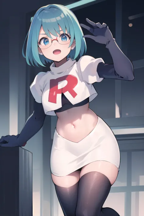 rico_megamanxdive, 1girl, solo, blue eyes, short hair, blue hair, android, glasses, team rocket,team rocket uniform,white skirt,red letter R,crop top,black thigh-highs,black elbow gloves, masterpiece, high quality,