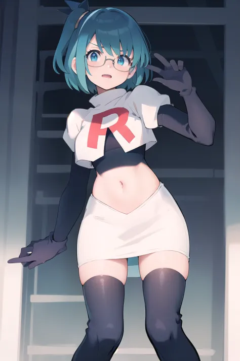 rico_megamanxdive, 1girl, solo, blue eyes, short hair, blue hair, android, glasses, team rocket,team rocket uniform,white skirt,red letter R,crop top,black thigh-highs,black elbow gloves, masterpiece, high quality,